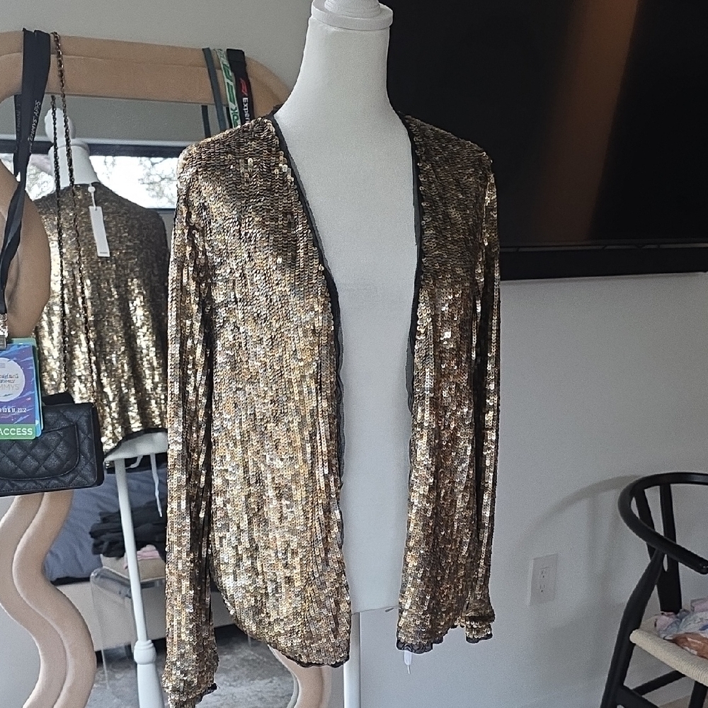 NWT Trina Turk Gold/silver Sequin Open Front Jacket